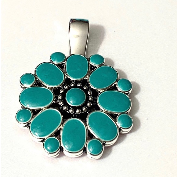 Premier Designs Reversable Enamel Pendant Teal Blue Red Flower - Picture 7 of 11